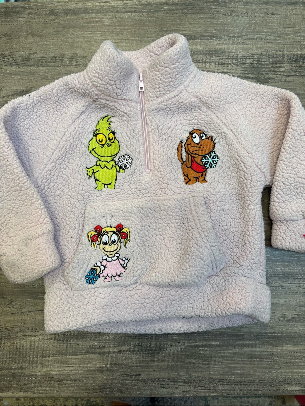 Kids White Sherpa Half-Zip Pullover with Festive Character Embroidery